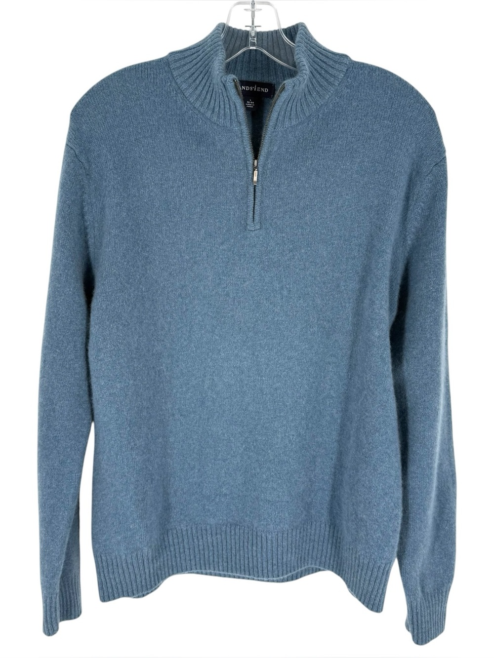 Lands End Cashmere Sweater Mens Size Large Blue Pullover Classic 1/4 Zip Japan